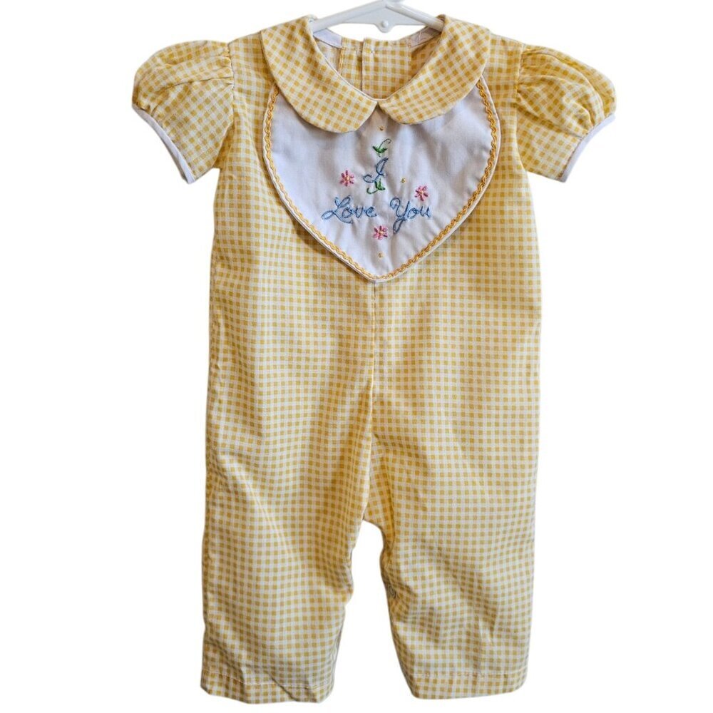 Vintage Yellow Gingham I LOVE YOU Peter Pan Collar Puff Sleeve One Piece 3-6M
